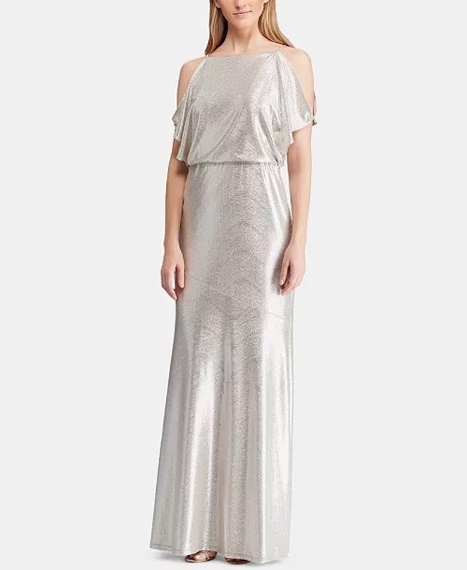 Lauren Ralph Lauren Metallic Shimmer Flutter Cold-Shoulder Maxi Evening Gown